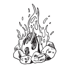 Bonfire icon. Campfire sketch line art drawing style. Outline illustration