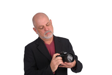 adult man bald beard elegant white with winter cold sweater with camera