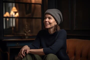 Fototapeta premium Smiling woman sitting on the sofa in the living room at night