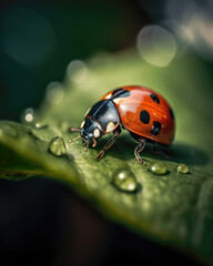 ladybug on green leaf with water drops. close up macro photo