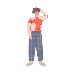 Naklejka premium Teenage boy in comfy home clothes. Cheerful guy in cozy outfit or nightwear cartoon vector illustration
