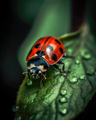 Naklejka premium ladybug on green leaf with water drops. close up macro photo