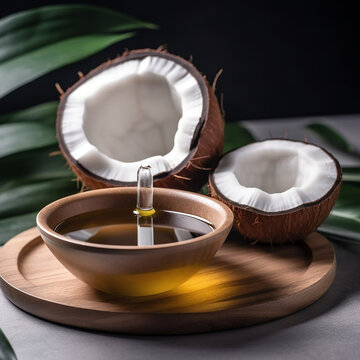 close up Coconut organic oil. Coconut oil in a wooden cup and coconuts fruits close-up with green palm leaf isolated 