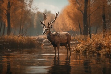 A deer near a private lake, digital art. Generative AI