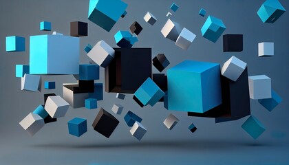 Dynamic 3D Geometric Cubes, Floating & Rotating, Visually Intriguing, Stylish Contemporary Abstract Background, Toon Shading, Flat Colors, Simplified Shapes, Bold Outlines. Generative AI