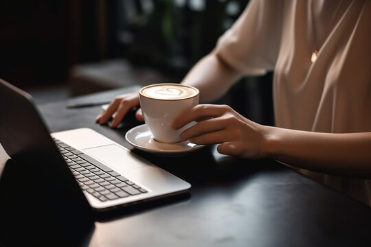 Woman using and working on laptop computer with blank white desktop screen while drinking coffee, Generative AI