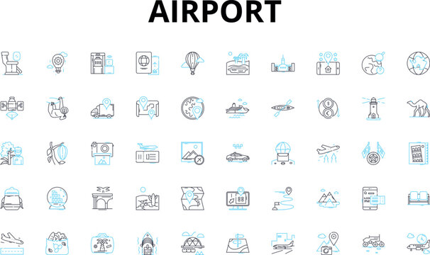 Airport linear icons set. Departure, Arrival, Security, Baggage, Terminal, Runway, Boarding vector symbols and line concept signs. Gate,Customs,Immigration illustration