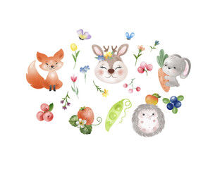 Obraz premium Set of decorative watercolor elements animals plants