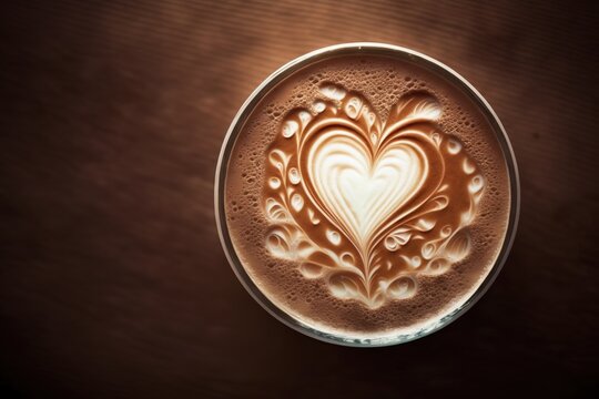 Cappuccino heart painted with coffee foam. Top view