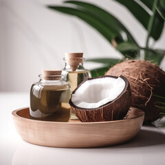 Fototapeta na wymiar close up Coconut organic oil. Coconut oil in a wooden cup and coconuts fruits close-up with green palm leaf isolated 