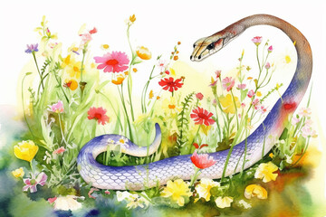 Watercolor painting of a peaceful snake in a colorful flower field. Ideal for art print, greeting card, springtime concepts etc. Made with generative AI.