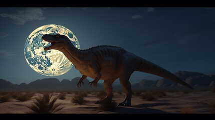 Dinosaur on the background of the full moon.generative ai