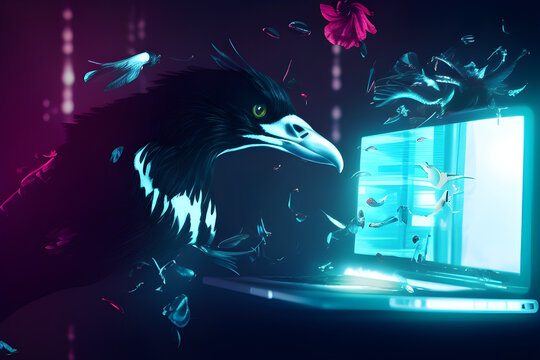 a magpie kacking a laptop, AI generated