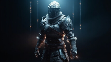 Fototapeta na wymiar Knight in armor with glowing brain on dark background.generative ai
