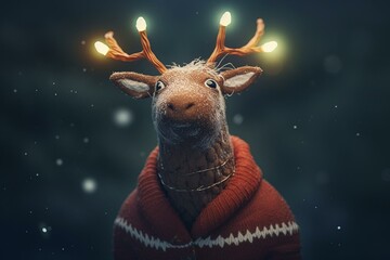 Illustration of a festive reindeer in a sweater and Santa hat. Generative AI
