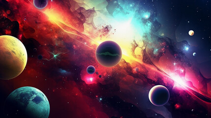 Obraz na płótnie Canvas Colorful space scene with planets (ai generated)