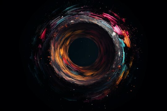 An abstract image with a central black hole surrounded by colorful patterns on a black background. Generative AI