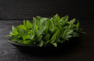 Fresh, green mint leaves collected during the rain are aesthetically stacked in an old black wooden...
