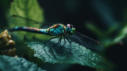 Dragonfly resting on a green leaf, close-up, macro.generative ai