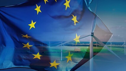 Slow motion of EU flag with wind turbines as background. Green energy and climate change concept, 4K - Powered by Adobe