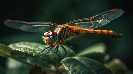 Dragonfly resting on a green leaf, close-up, macro.generative ai