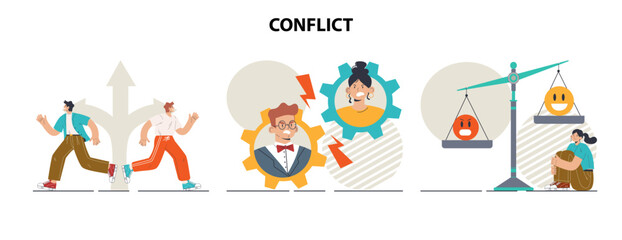 Fototapeta na wymiar Conflict concept set. Controversy or disagreement between people