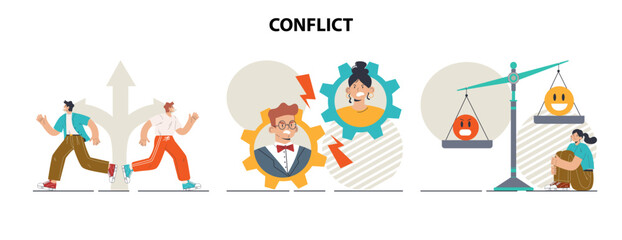 Conflict concept set. Controversy or disagreement between people