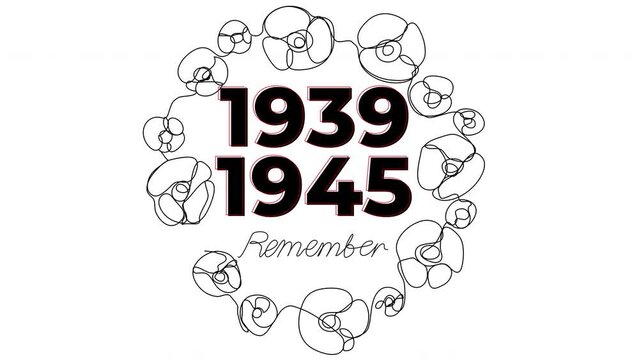 Self-drawing of a round frame with red poppies in one line on a white background. Animation for the Day of Remembrance of the Victims of World War II. Stock video memories of 1939-1945.