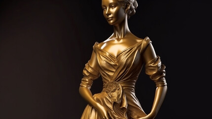Fototapeta na wymiar golden statue of a woman on a black background, copy space.generative ai