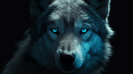 Portrait of a wolf with blue eyes on a black background.generative ai - obrazy, fototapety, plakaty