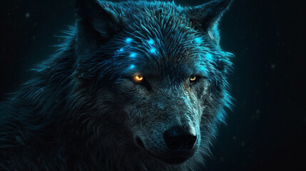 Portrait of a wolf with blue eyes on a black background.generative ai