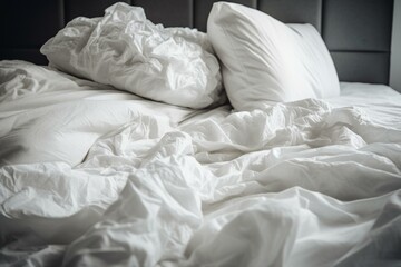 Fototapeta na wymiar Disheveled white bedding and pillows, created with the help of technology. Generative AI