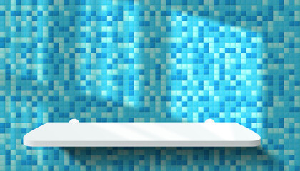 3D bathroom or kitchen room tiled wall, realistic white podium or acrylic product shelf. Vector blue mosaic ceramic tiles wall background mockup. Minimal stage showcase scene. Realistic window shadow - 596058591