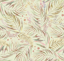 Seamless watercolor botanical pattern with tropical palm leaves in boho style for textile