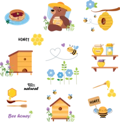 Fototapeten Honey production objects set. Apiary products and equipment cartoon vector illustration © topvectors