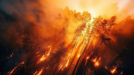 Forest fire and sunset light in tree, view from sky, motion blur camera, AI