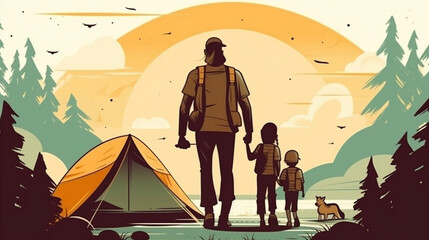 A Father Tent Camping with his Children in Nature - Fathers Day Concept Vector Illustration - Generative AI