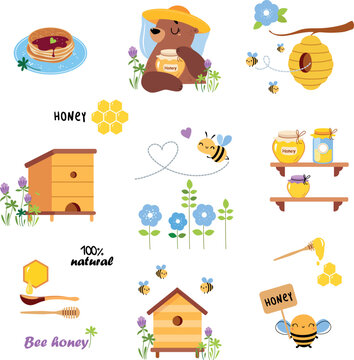 Honey production objects set. Apiary products and equipment cartoon vector illustration
