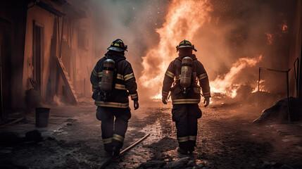 two firefighters in action, fire in the background in a city, epic banner, walking in flames,  Ai 