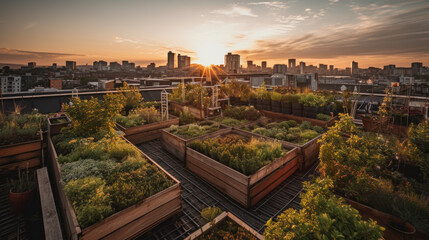 Obraz premium Urban rooftop garden at sunset in city center, urban gardening concept, generative ai