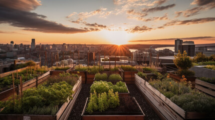 Urban rooftop garden at sunset in city center, urban gardening concept, generative ai