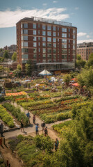 Neighbors cultivating urban garden for their own food in city center, sustainability and environment, generative ai