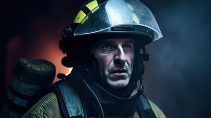 fire soldier emotional portrait,man, studio photography, soft fire background, helmet, intense look, afraid, AI 