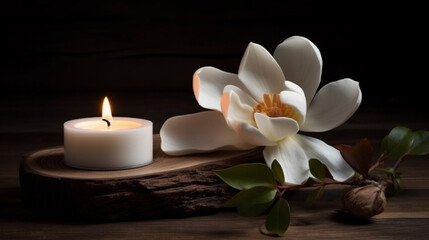 Naklejka na ściany i meble Beautiful white magnolia flowers and burning candle on wooden background.generative ai