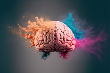 A genius human brain abstract color powder explosion art with 3D creative splash showing concept of psychology inspiration creativity emotion and wisdom . Admirable Generative AI image . - obrazy, fototapety, plakaty