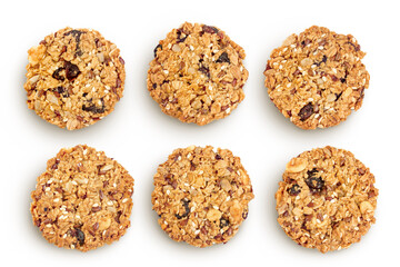 Granola cookie in ceramic bowl isolated on white background with full depth of field. Top view. Flat lay.