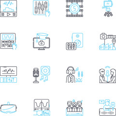 Music recording linear icons set. Studio, Producer, Mixing, Mastering, Equipment, Sampling, Microphs line vector and concept signs. DAW,Session,Recording outline illustrations