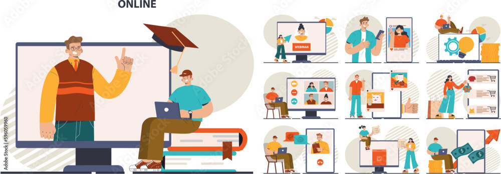 Wall mural different online services set. character using mobile apps and websites