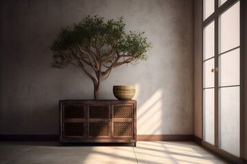 Beautiful tropical tree in rattan basket pot, book on antique wooden cabinet in sunlight, shadow on clean, blank polished cement wall for interior design decoration, furniture product background