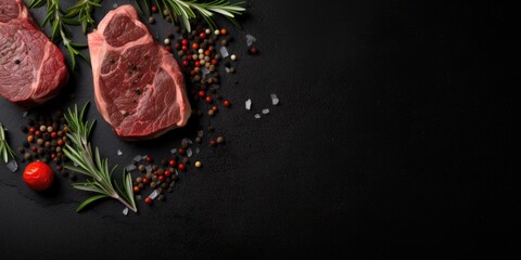 raw beef steak with herbs, free space on text on black background, panorama